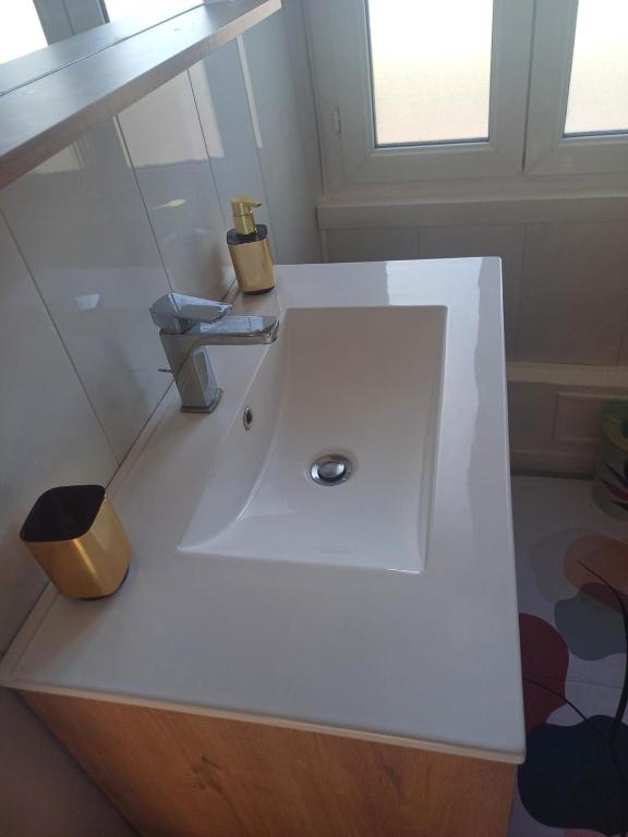 une salle de bain blanche avec un lavabo et des toilettes dans l'établissement Au cœur de Sens, à Sens