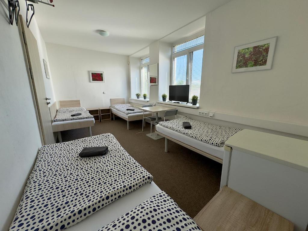 a room with three beds and a tv in it at MiniPenzion Na Vyhlídce in Olomouc