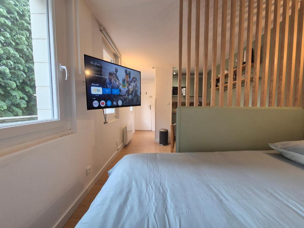 une chambre avec un lit avec une télévision à écran plat au mur dans l'établissement Studio Rouen Centre Historique 2 Personnes L'Olive, à Rouen