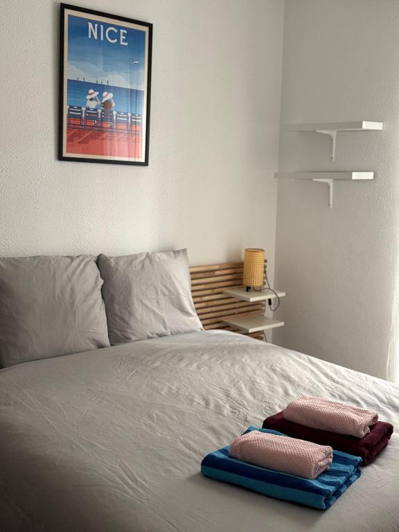 une chambre avec un lit avec deux serviettes dessus dans l'établissement Bel appartement au calme hyper centre Nice, à Nice