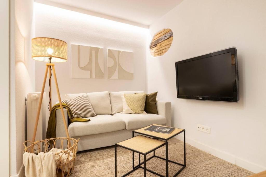 パンプローナにあるPrecioso apartamento recién reformado pleno centroのソファと薄型テレビのあるリビングルーム