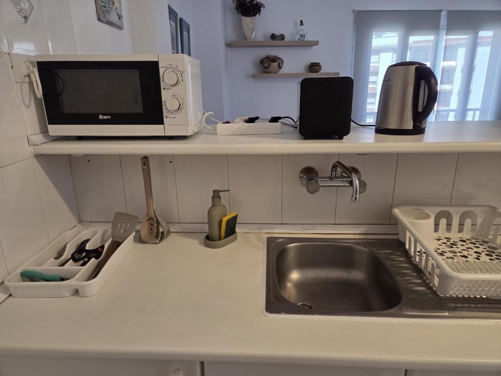 una cucina con un lavandino e un microonde su un bancone di Apartamento céntrico - La Laguna a La Laguna