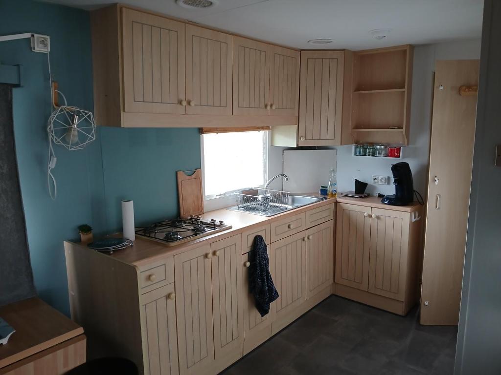 une cuisine avec un évier et une cuisinière four supérieur dans l'établissement Mobil-home 415 camping la lande, à Mimizan