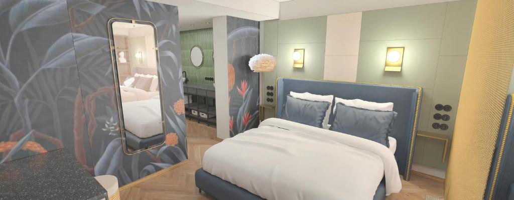 a bedroom with a large bed and a mirror at Hotel Sonne in Füssen