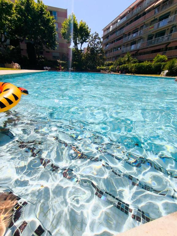 une grande piscine avec de l'eau bleue dans l'établissement Home2Sea - Piscine, Jardin, studio cabine, 1 canapé lit convertible 2 ADULTES, 1 lit superposé triple 3 ENFANTS ou ADOS, à Vallauris