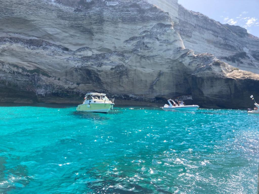 two boats in the water next to a mountain at Sublime Appart T2 in Bastia