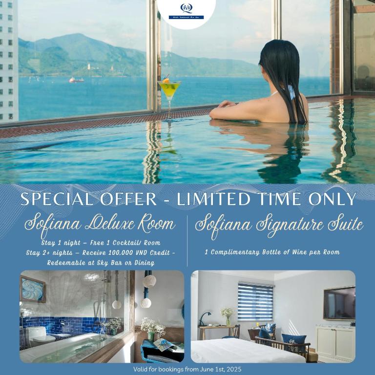 a woman in a infinity pool in a hotel room at Sofiana My Khe Hotel & Spa- Rooftop Pool Bar in Danang