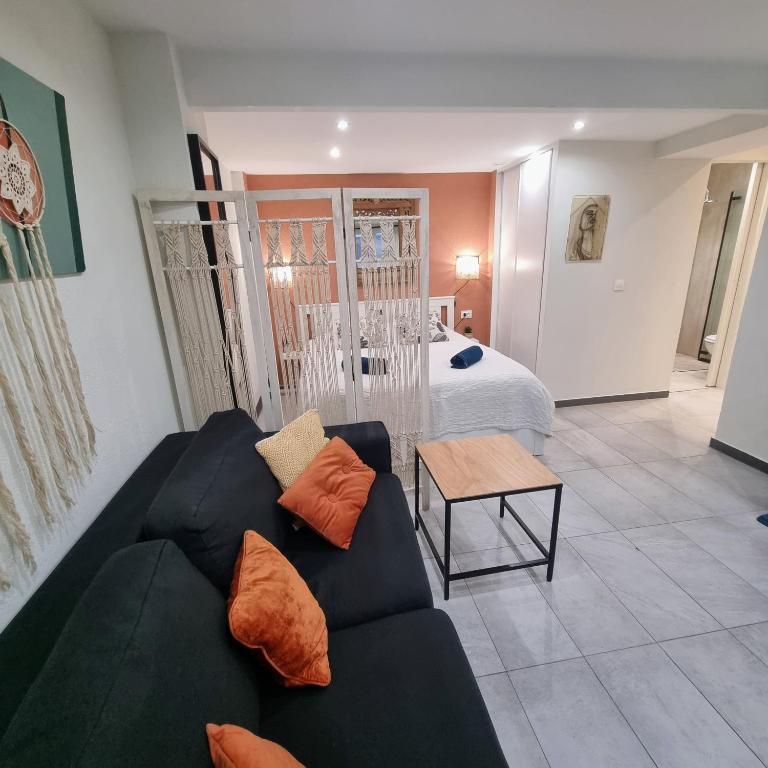 un salon avec un canapé et un lit dans l'établissement Spacious studio full of charm, recently updated, à Nice