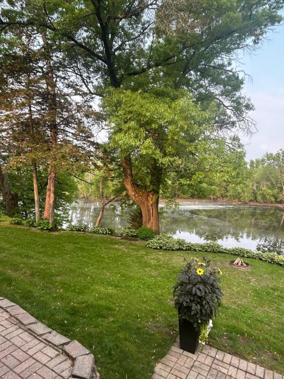 un parco con un lago e un vaso di fiori di Breezeway Bay - Waterfront Full House a Wisconsin Dells