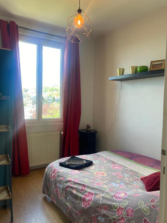 une chambre avec un lit et une fenêtre avec des rideaux rouges dans l'établissement Terra's House, à Rouen
