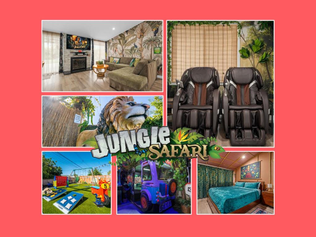 eine Collage aus Bildern eines Dschungelsafari-Schildes in der Unterkunft Safari Adventure: Arcade, Golf, Playground, Cars & More! in Garden Grove