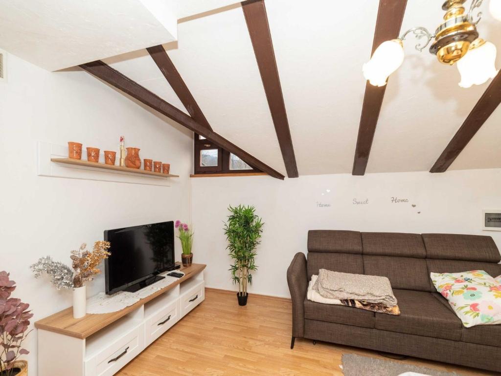 a living room with a couch and a flat screen tv at Holiday home with hot tube and 1 room in Donja Stubica