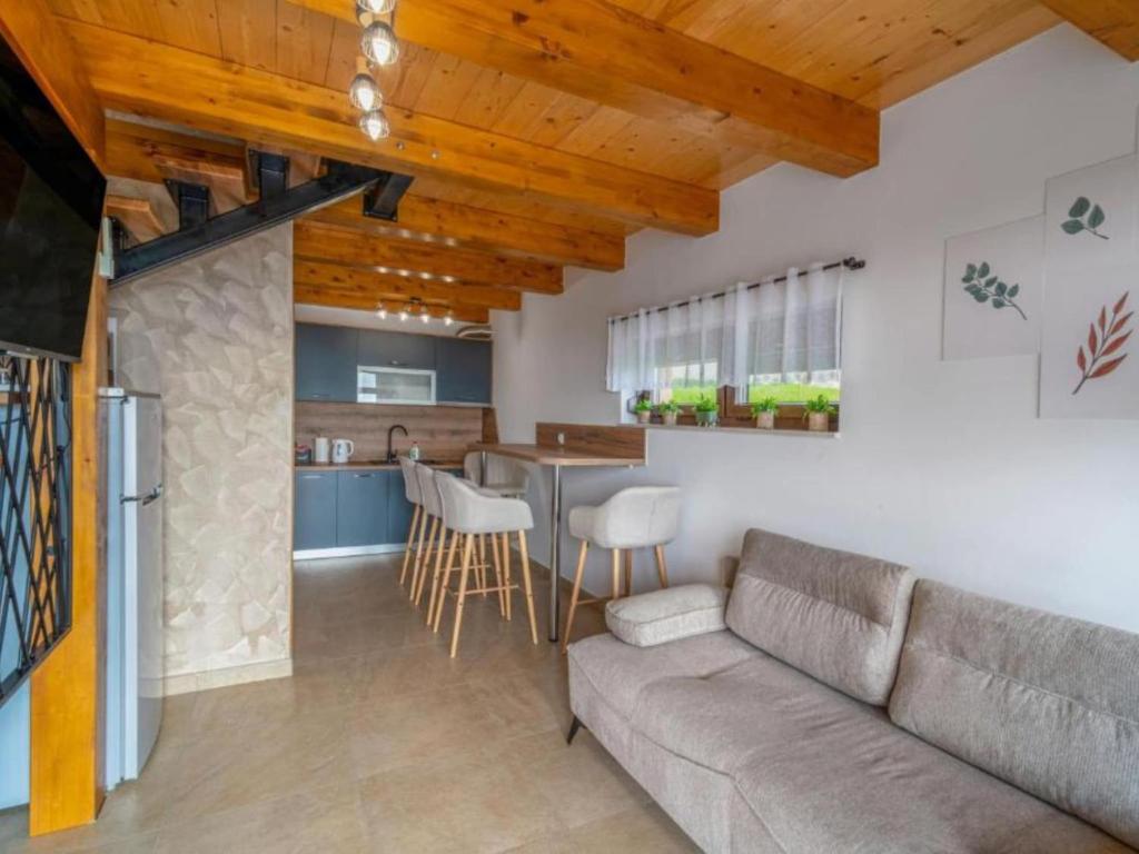 a living room with a couch and a kitchen at Villa Breg - Four Bedroom Villa with Pool, Hot-Tub and Sauna in Kamešnica