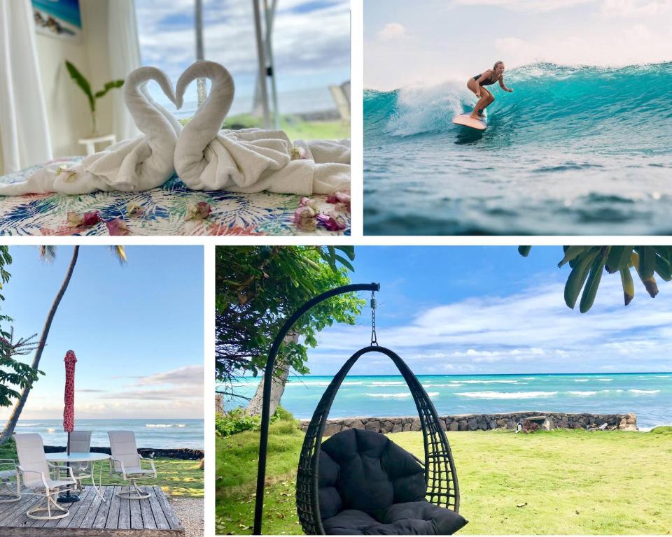 eine Collage aus Fotos mit Schwänen am Strand in der Unterkunft Oceanfront Stay w/ AC, BBQ, Washer/Dryer & Kitchen in Ewa Beach