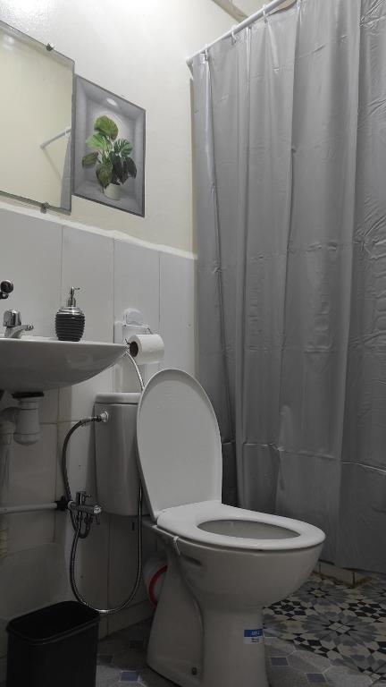 a bathroom with a toilet and a shower curtain at Cozy Airport apartment only 5 minutes walk in Marrakech