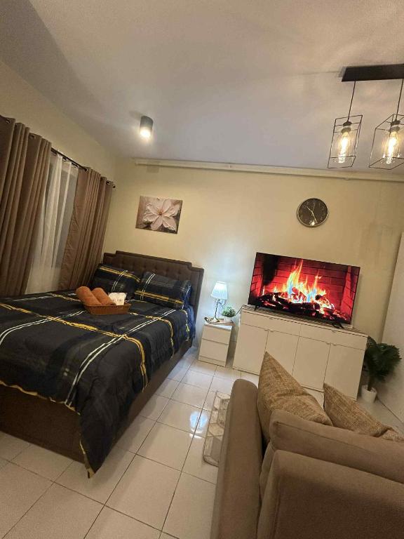 a bedroom with a bed and a tv and a couch at Casa En El Sur in Santa Rosa