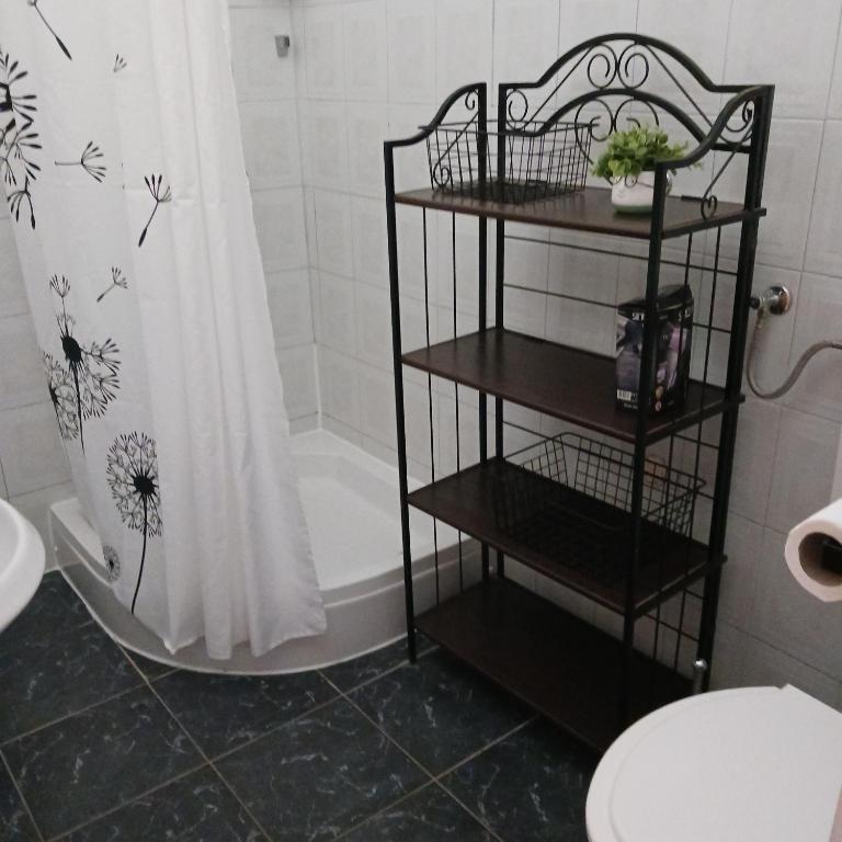 a bathroom with a shower curtain and a toilet at Apartments Elena & Damir in Vis