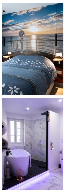 deux photos d'une chambre avec baignoire dans l'établissement Le Palmier Doré - Calme à Menton jusqu'à 4 personnes, à Menton