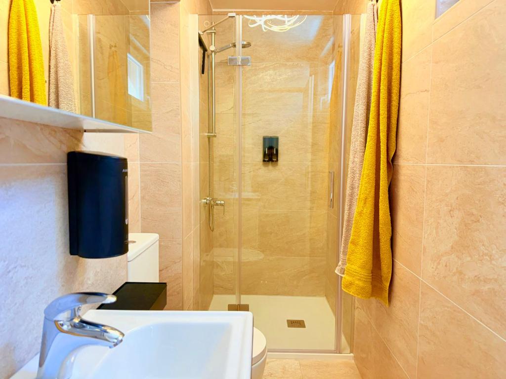 a bathroom with a shower and a sink and a toilet at Villa Olivija-direkt am Strand! in Stara Novalja