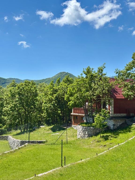 a house on a hill with a field and trees at Mountain Village House in Cetinje