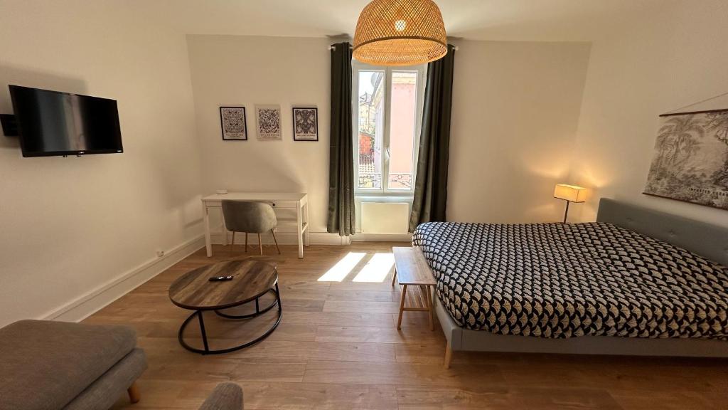 a living room with a bed and a table at Appartement du Petit Bourg in Thizy-les-Bourgs