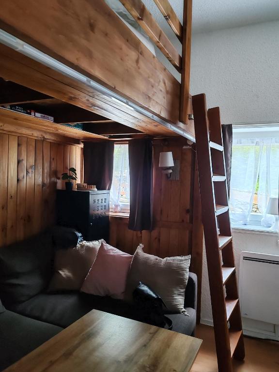 - un salon avec un canapé et une mezzanine dans l'établissement Studio Cosy pour 4 personnes en RDC, à Villard-de-Lans