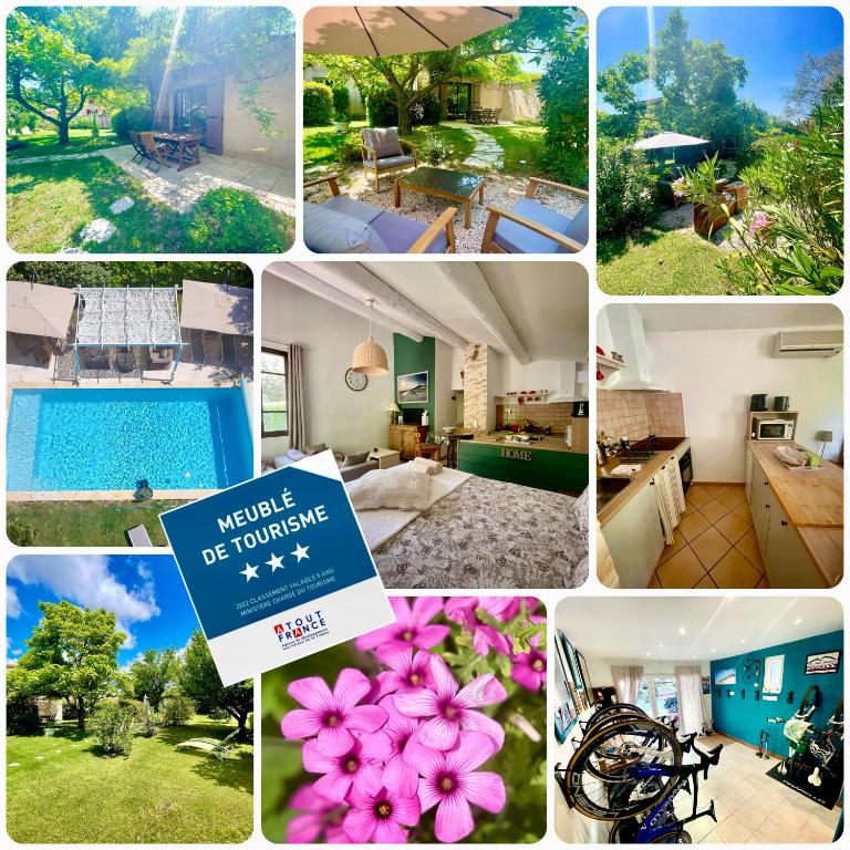 un collage de photos d'une maison avec piscine dans l'établissement La belle histoire Gîte Ventoux, à Bédoin