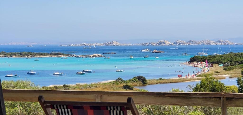 un banc surplombant une plage avec des bateaux dans l'eau dans l'établissement Bonifacio accès mer et golf - vue exceptionnelle, à Bonifacio