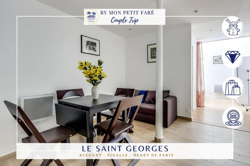 une salle à manger avec une table et des chaises et un salon dans l'établissement Le Saint Georges - Proche Pigalle, à Paris