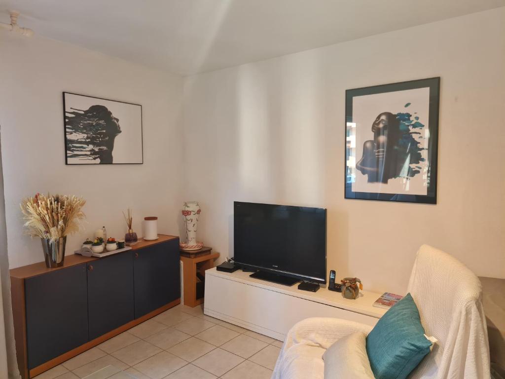 a living room with a flat screen tv and a couch at Perle de la côte in Menton