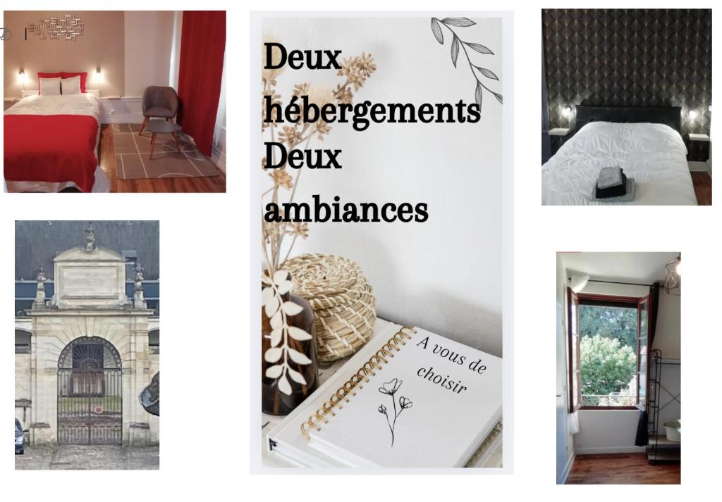 トロワにあるLE KLEBER au choix VUE SUR PARC ou RUE simplicité d'accès, charme et confort garantisのホテルの部屋の写真のコラージュ