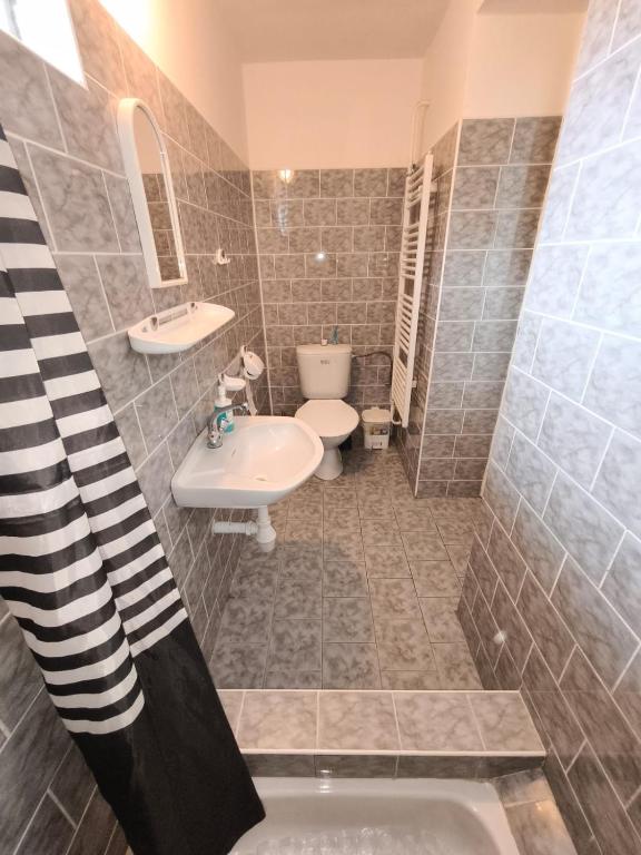 ein Badezimmer mit einem Waschbecken, einem WC und einer Badewanne in der Unterkunft Apartmány Na vyhlídce in Blata