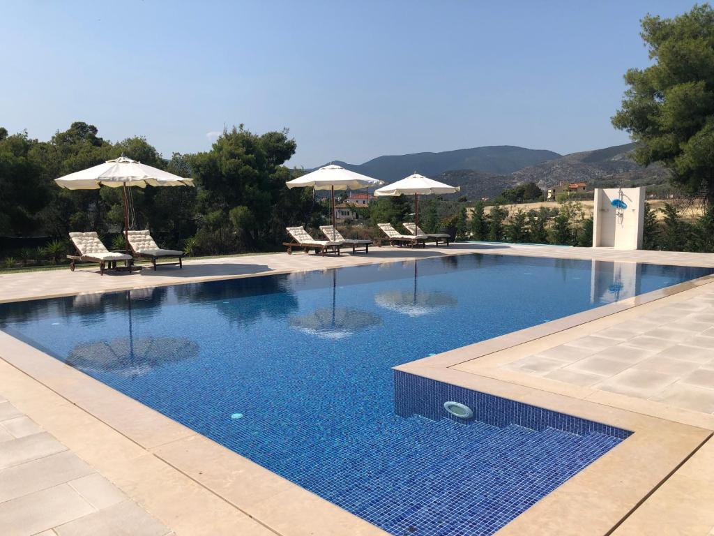 ルートラ・オレアス・エレニスにあるVilla Kleopatraの椅子とパラソルのある大きなプール