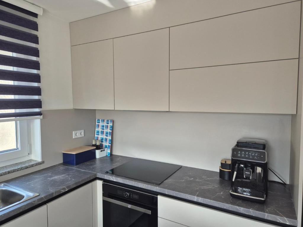 een keuken met witte kasten en een zwart apparaat bij Mars E-4 in Pula
