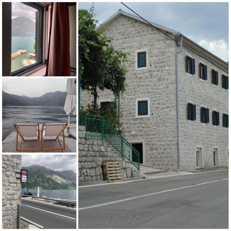 a collage of photos of a stone building with a bench at Apartments Vila San in Kamenari