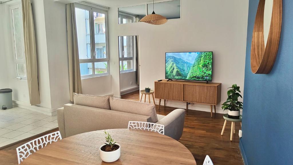 un salon avec un canapé et une télévision dans l'établissement Alba CLIM Centre proche gare calme lumineux, à Grenoble