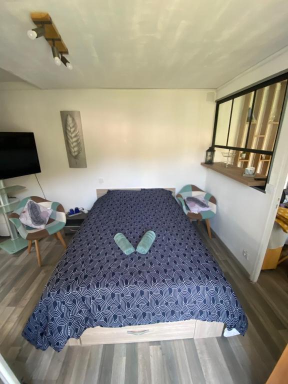 una camera da letto con un letto blu con un papillon sopra di Résidence Beau Séjour ad Amélie-les-Bains-Palalda