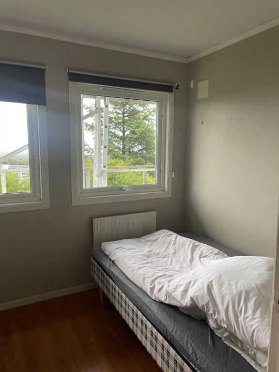 a bedroom with a bed and two windows at Flott sted med utsikt over hele byen in Stavanger