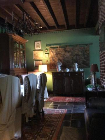 a living room with green walls and a table with towels at Hof ter Wallen in Zoutleeuw