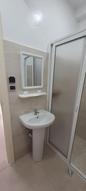 a bathroom with a sink and a shower at Appartement Sofia in Martil