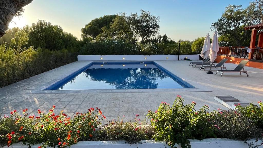 a swimming pool in a yard with some flowers at Branca Countryside Retreat in Coruche