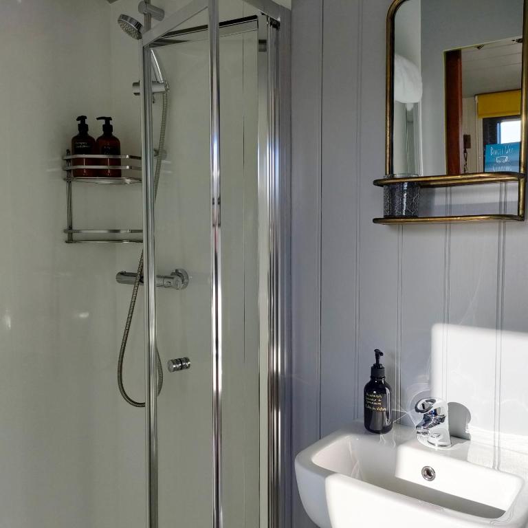 un bagno con doccia e lavandino di Dingle Way Glamping DANÚ Annascaul a Tralee