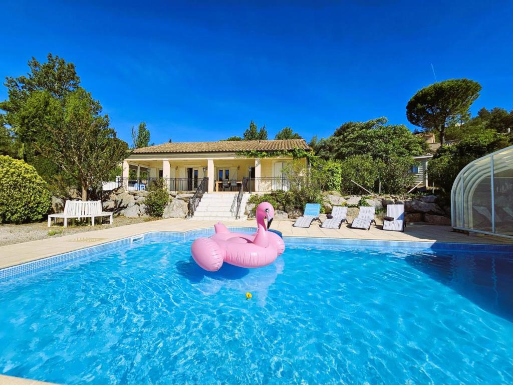 a swimming pool with two pink flamingos in the water at Les Hirondelles in Beaufort