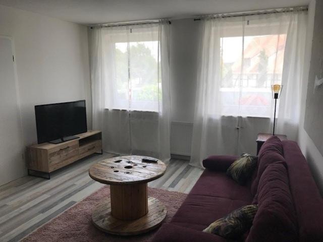 a living room with a couch and a table at Möbliertes Wohnen auf Zeit im Extertal in Extertal