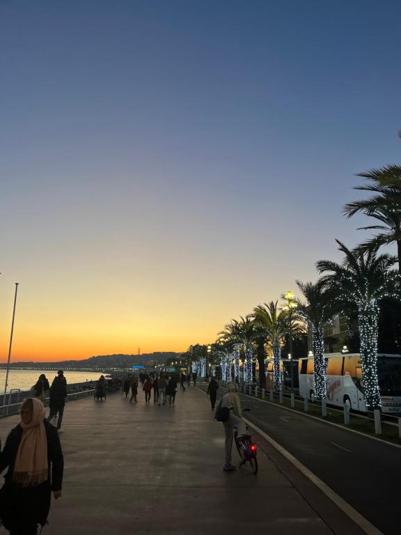 a group of people walking on a sidewalk with palm trees at Exclusive Top Floor - Love Suite in Nice