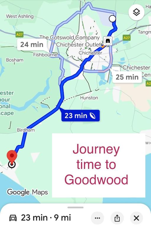 a map of a journey time to goodwood at Sanderling House, walk to beach in Earnley