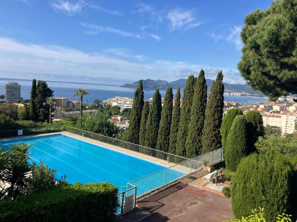 une piscine entourée de cyprès dans l'établissement Studio calme et élégant avec vue mer, à Cannes