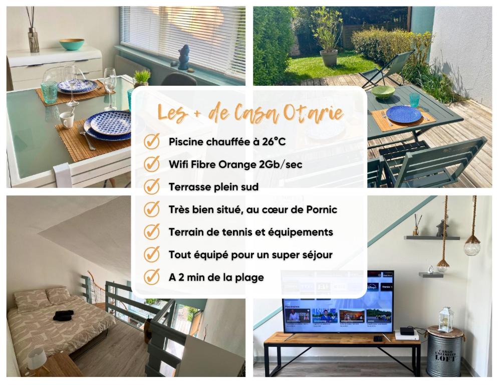 a collage of photos of a dining room with a table at Casa Otarie avec piscine et terrasse -Proxi plage, port, gare in Pornic