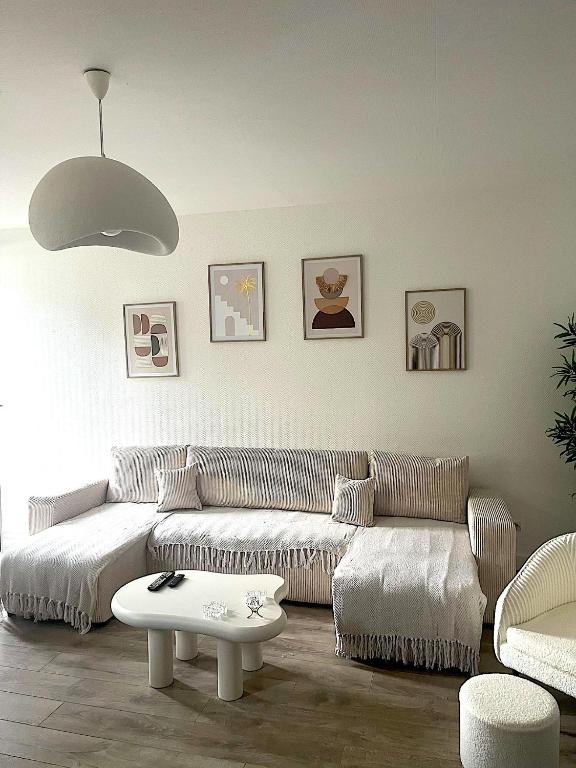 un salon avec un canapé et une table basse dans l'établissement F3 Wabi-Sabi, à Strasbourg