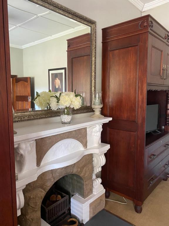 a living room with a fireplace and a mirror at On De La Vigne in Riviersonderend